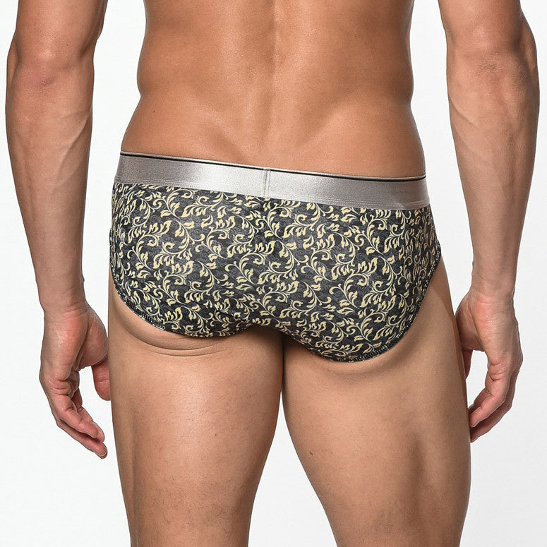 St33le - Microfiber Print Low Rise Brief - Black/Yellow Leaves