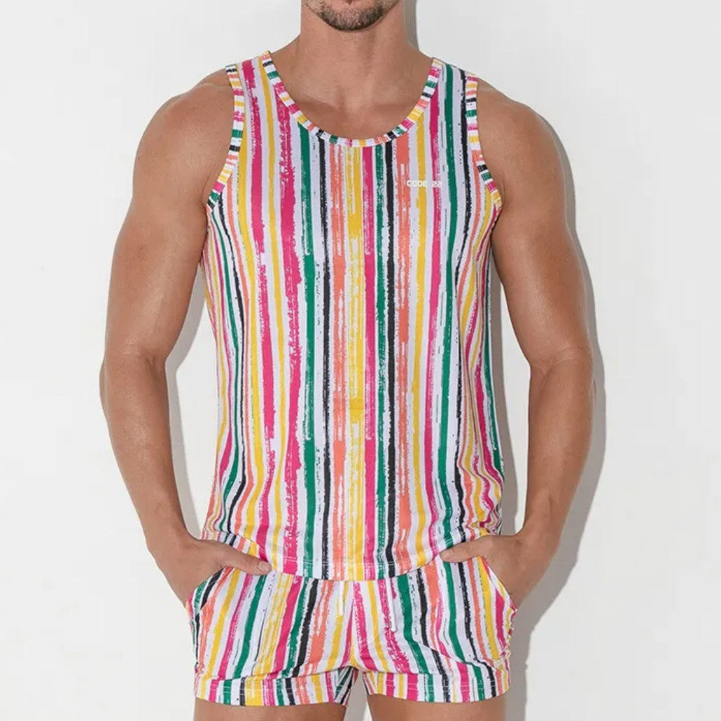 Code 22 - Vivid Print Tank Top - Orange Stripes