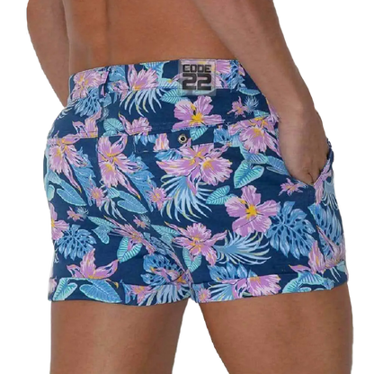 CODE 22 - 5-Pocket Micro Shorts - Aqua Floral