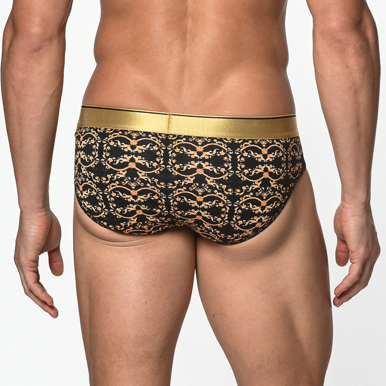 St33le - Cotton Print Low Rise Brief - Black/Gold Filigree