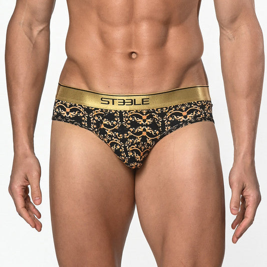 St33le - Cotton Print Low Rise Brief - Black/Gold Filigree