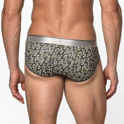 St33le - Microfiber Print Low Rise Brief - Black/Yellow Leaves