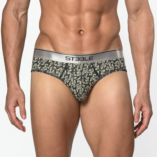 St33le - Microfiber Print Low Rise Brief - Black/Yellow Leaves