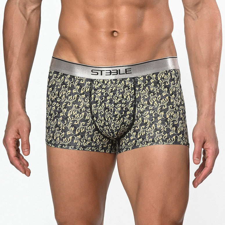 St33le - Microfiber Print Low Rise Trunk - Black/Yellow Leaves
